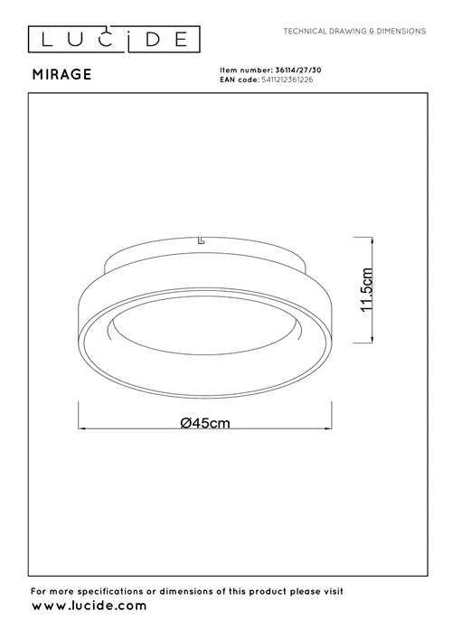 Lucide MIRAGE - Deckenleuchte - Ø 45 cm - LED Dim. - 1x33W 2700K - Schwarz - technisch